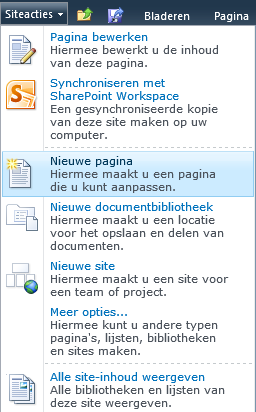 8. Nieuwe pagina, bibliotheek of subsite Behalve nieuwe Lijsten (en daarmee nieuwe Webonderdelen/Web Parts) kun je als eigenaar van een site ook compleet nieuwe pagina s en zelfs geheel nieuwe sites