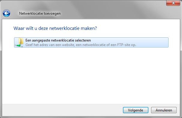 3. Klik in het dialoogvenster op de hyperlink Verbinding met een website maken waar u documenten en afbeeldingen kunt opslaan. 4. De Wizard Netwerklocatie / Add a Network Location wordt gestart. 5.