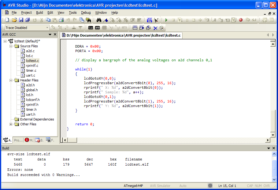 Figuur 33: Overzicht AVR studio 4.14 A.2 AVRlib installeren en gebruiken Het programma LCDtest van AVRlib zal in AVRstudio gecompileerd worden voor een ATmega644p.