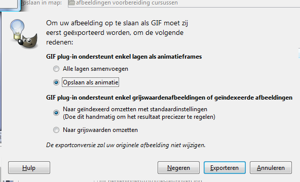 Natuurlijk willen we onze animatie als animated GIF exporteren: ga naar het menu Bestand>Exporteren in het venster van je afbeelding, kies een bestandsnaam, geef de extensie.gif en klik op exporteren.