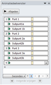 Op de dia verschijnt een blokje met een cijfer om de animatievolgorde aan te geven. Met de knop voorbeeld kan men de gekozen animaties van de huidige dia bekijken.