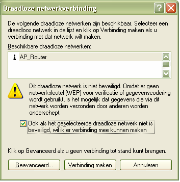 Appendix C - Wireless Configuratie Windows XP met SP1 De wireless module van uw router is direct actief. De router gebruikt als wireless SSID TI, en de encryptie is standaard uitgeschakeld.