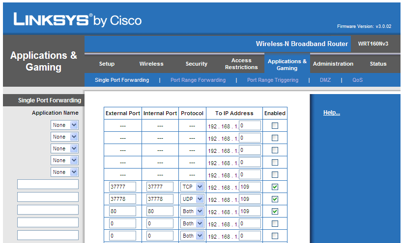 Lynksys by Cisco WRT160Nv3 Firmware version: v3.0.02 IP standaard: 192.