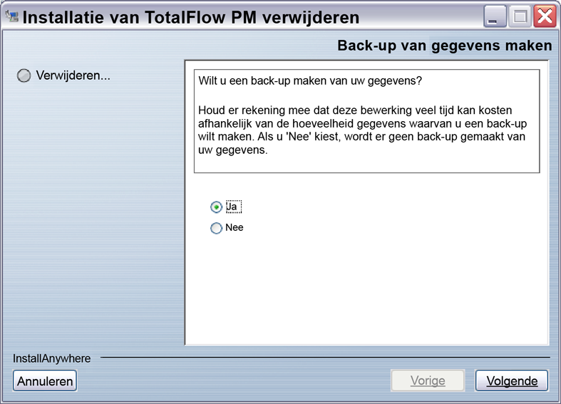 TotalFlow PM verwijderen TotalFlow PM verwijderen Gebruik het hulpprogramma [Programma's en onderdelen] van Windows om TotalFlow PM te verwijderen. Deze procedure is voor Windows 7.