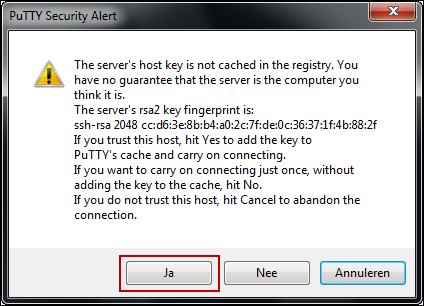 Afbeelding 13: voorbeeld van invoeren auto-login username Om in te loggen op uw Server Online, klikt u de knop Open. De 1 e keer dat u inlogt, waarschuwt PuTTY met een Security Alert.