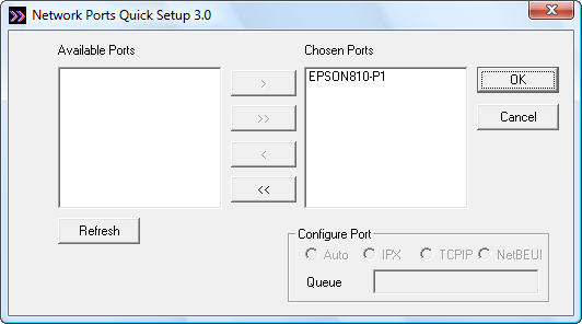 Vanuit Network Ports Quick Setup dient u ervoor te zorgen dat de printerpoort onder Chosen Ports vermeldt wordt.