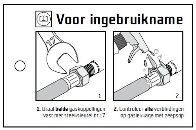 8 Bovenop het apparaat bevinden zich twee knoppen: de rode drukknop (ontstekingsknop) en de zwarte draaiknop (bedieningsknop, tevens veiligheidsventiel).