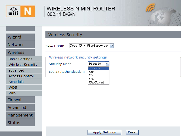 DRAADLOZE BEVEILIGINGSINSTELLINGEN Klik op Wireless Wireless Security in de web management interface, het volgende bericht zal worden weergegeven in uw browser: Stel de