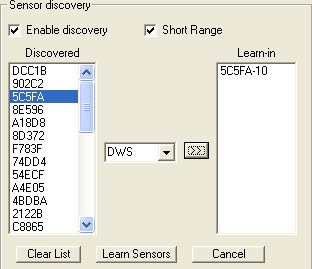 Discovery Mode Door op Discover ID en daarna op Enable discovery te drukken, worden alle beschikbare sensors weergegeven.