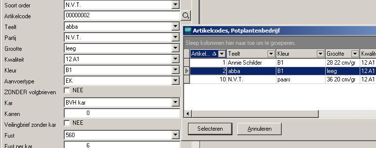 Keuzelijst artikelcodes (Onderdeel: orderverwerking) Bij het invoeren van nieuwe orders kan de artikelcode gebruikt worden om sneller en eenvoudiger in te voeren.