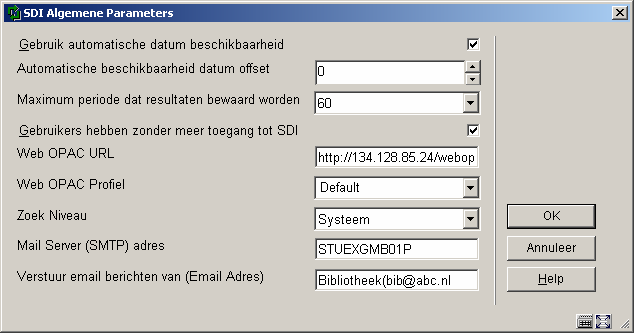 Nadat u deze optie gekozen heeft verschijnt een invoerscherm: Velden van het scherm Gebruik automatische beschikbaarheidsdatum: Bepaal automatisch de beschikbaarheid van exemplaren gebaseerd op de