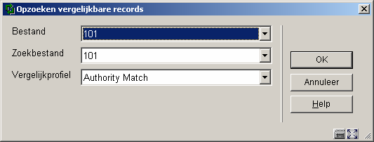 Selecteer bij Bestand en Zoekbestand de juiste bibliografische database (zoals gedefinieerd in AFO 151). Selecteer bij Vergelijkprofiel het juiste vergelijkingsprofiel (zoals gedefinieerd in AFO 114).