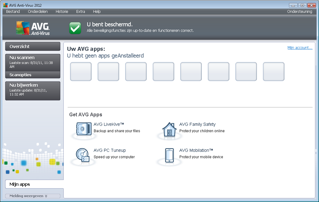 7. Mijn apps Elk van de drie toepassingen LiveKive, Family Safety en PC Tuneup is verkrijgbaar als een zelfstandig AVG-product en een optioneel deel van uw AVG Anti-Virus 2012-installatie.