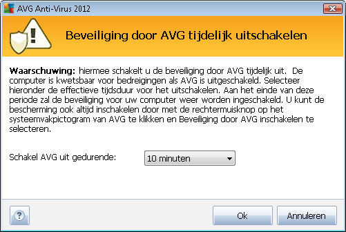 keuze door op de knop Toepassen te drukken. Stel in het dialoogvenster Beveiliging door AVG tijdelijk uitschakelen dat wordt geopend in hoelang u AVG Anti-Virus 2012 wilt uitschakelen.