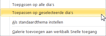 Wil je een thema maar toepassen op een of meer dia s van je presentatie, selecteer je die dia s (om meerdere dia s te selecteren, klik je op de eerste dia, en selecteer je de andere dia s terwijl je