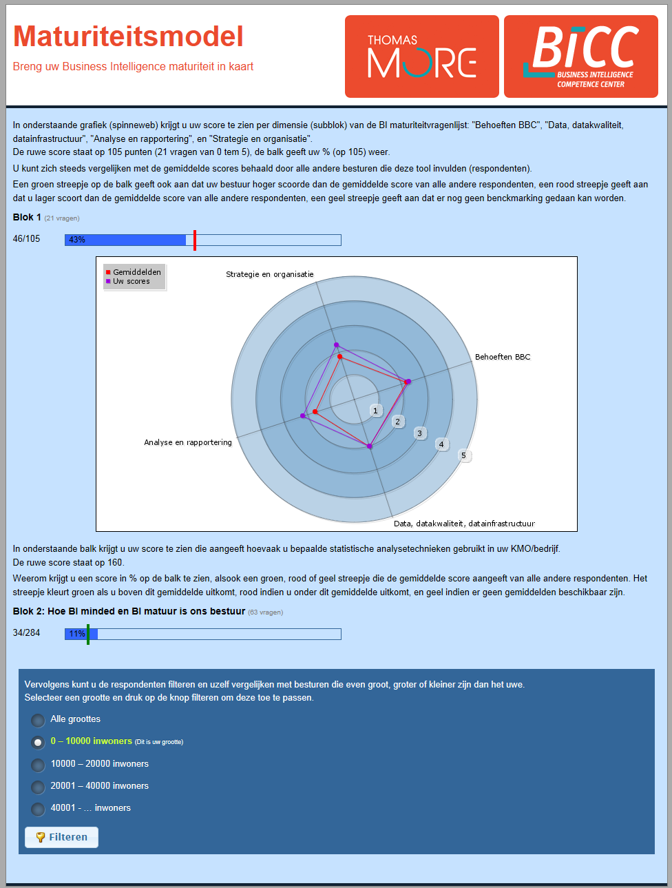 Maturiteitstool Resultatenscherm voorbeeld Snel inzicht in BI