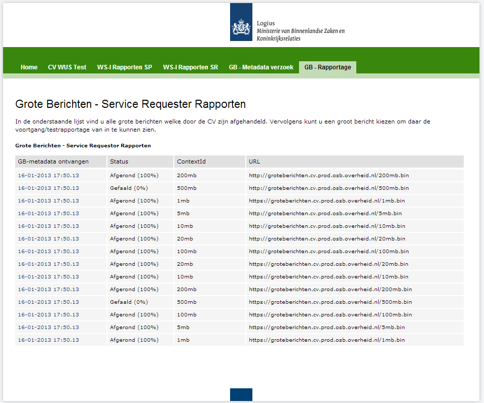 Na verloop van tijd zullen alle opdrachten verwerkt zijn. Het resultaat ziet er dan ongeveer als volgt uit. Om te zien of uw server Grote Berichten compliant is, dient u een van de taken te openen.