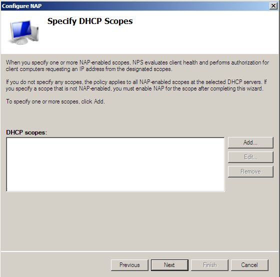 Ook kun je Nap instellen per individuele Dhcp scope. Dit gebruiken wij ook niet. Wij willen dat alle scopes onder de werking van de NPS vallen. Klik Next.