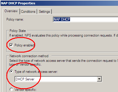 Open de NAP DHCP policy door erop te dubbelklikken. Ga na dat de polcy enabled is en dat als network connection method is gekozen voor DHCP.