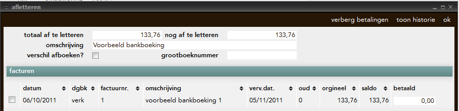 Totaal af te letteren : dit is het bedrag dat afgeletterd moet worden; Nog af te letteren : hier wordt het nog af te letteren bedrag weergegeven; Omschrijving : de omschrijving van de boekingsregel;
