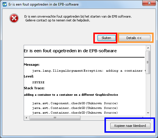 Scherm 96 - Foutmelding In dit verband kunnen er twee scenario's bestaan: het probleem waarmee u wordt geconfronteerd, blokkeert de werking van de software niet en kan worden omzeild.