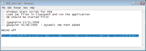 2. Ga in de submap "script\" en lokaliseer het bestand "PEB_Start.bat" 3. Klik rechts op het bestand en kies de opdracht "bewerken" 4. Lokaliseer de regel met de volgende tekst: START jre1.7.