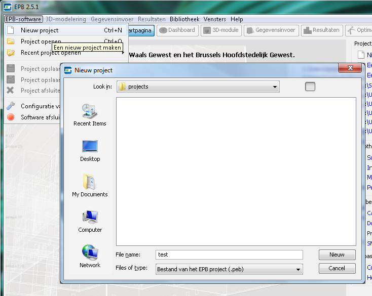 Een EPB-Project aanmaken Het aanmaken van een eerste EPB-Project is een van de belangrijkste acties die toegankelijk zijn vanaf de startpagina van de EPB-Software.