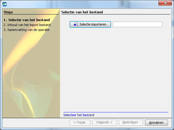 Dit zijn de stappen voor het importeren: Scherm 61 Importassistent van de Bibliotheek Stap 1 Selectie van het importbestand: het selectiescherm voor de bestanden wordt voorgesteld; daar kunnen de