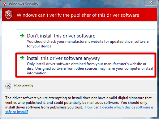 Kies voor Install this driver software anyway om de installatie te voltooien. Let op!