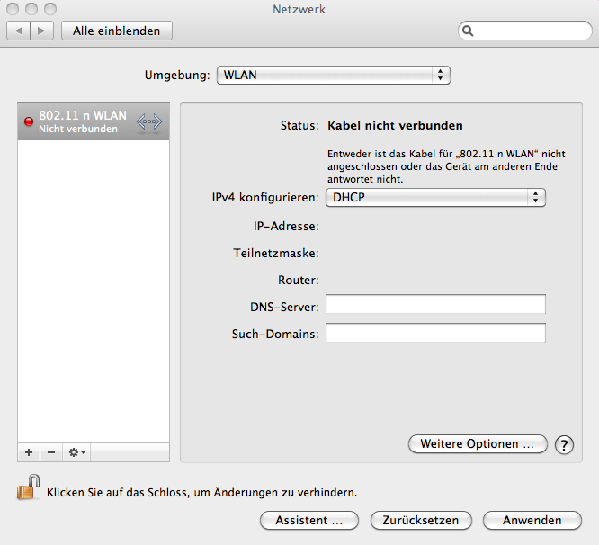 Configuratie onder Mac OS X o Klik op de knop "+" en geef een naam aan de nieuwe omgeving, bijv. WLAN en klik op de knop OK.