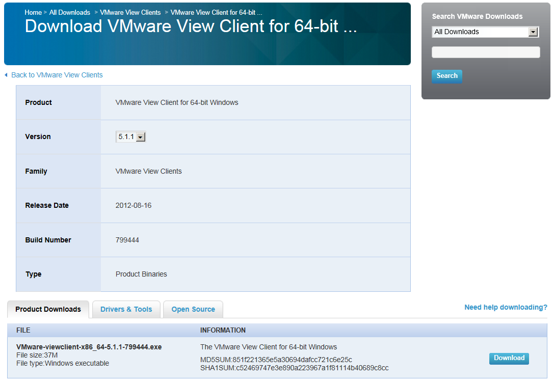 d) Onderstaande afbeelding is een gedeelte van de website die wordt geopend. De VMware View Client is er in 2 varianten: voor 32-bits Windows en voor 64-bits Windows.
