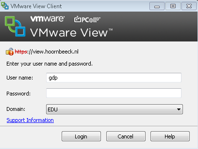 2. Verbinding maken met een vdesktop Om verbinding te maken met een vdesktop van de school via VMware View dient de VMware View Client te worden gestart: Dubbelklik op het icoon VMware View Client op