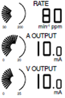 Gebruiksinstructies Bovenste scherm Laat de volgende onderdelen zien: Indicatoren voor stimulatie en waarneming Frequentie A (Atriale) OUTPUT