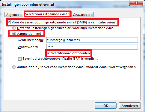Afbeelding 3.6 POP en IMAP accountinstellingen Stap 6 Ga naar tabblad Server voor uitgaande mail. Vink het vakje Voor de server voor uitgaande e-mail (SMTP) is verificatie vereist aan.