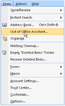 Out-of-office reply Bent u met vakantie of even niet bereikbaar, stel dan uw afwezigheidsassistent in (out-of-office reply). 1. Start Outlook ga naar Tools > Out of Office Assistant.