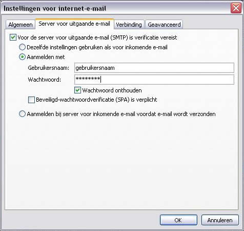 'Accountinstellingen': Afbeelding: Het dialoogvenster Outlook, Extra 3) Kies voor 'Instellingen voor Internet e-mail', en daarna voor 'Server