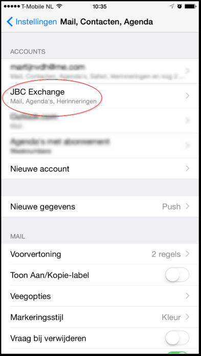 2. Oude JBC Exchange-mail account verwijderen op een Apple iphone of ipad. 1.