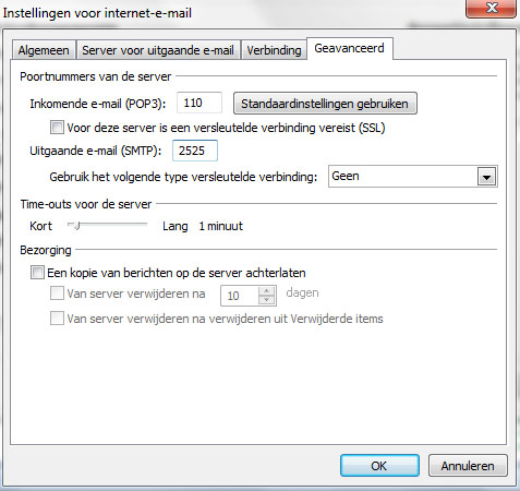 Instellen met Microsoft Outlook 2007 (3/3) 8 Voor het versturen van via onze server dient u de optie Voor de server voor uitgaande (SMTP) is verificatie vereist aan te vinken.