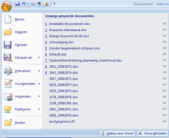 Installatie Bouwstenenmodule onder Word 2007 1. Start Word 2007 2. Klik op de Officeknop links boven in het scherm 3.