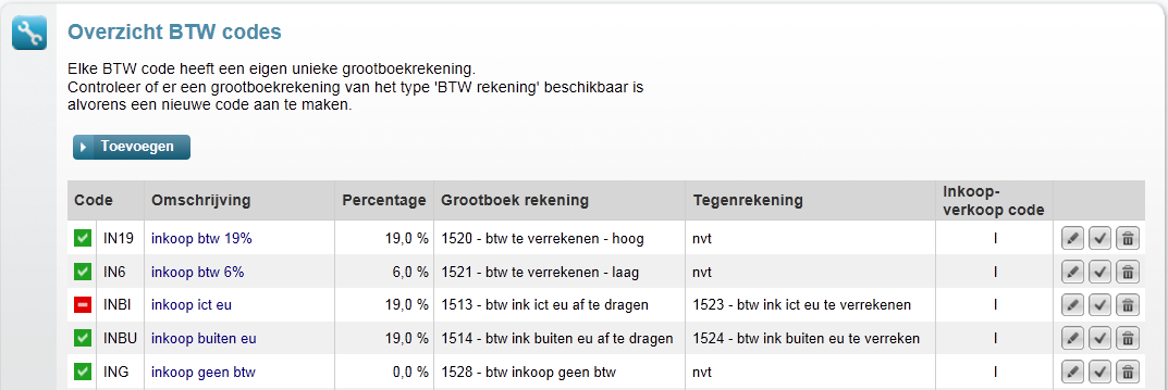 Op de pagina BTW Code Details, klikt u op Wijzigen, u vinkt de optie Beschikbaar uit en klikt tenslotte op Opslaan.