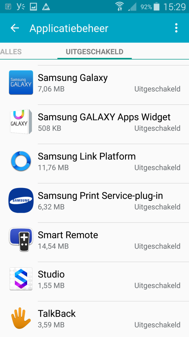 In Android 5,0 zie je dat alle uitgeschakelde Apps naar