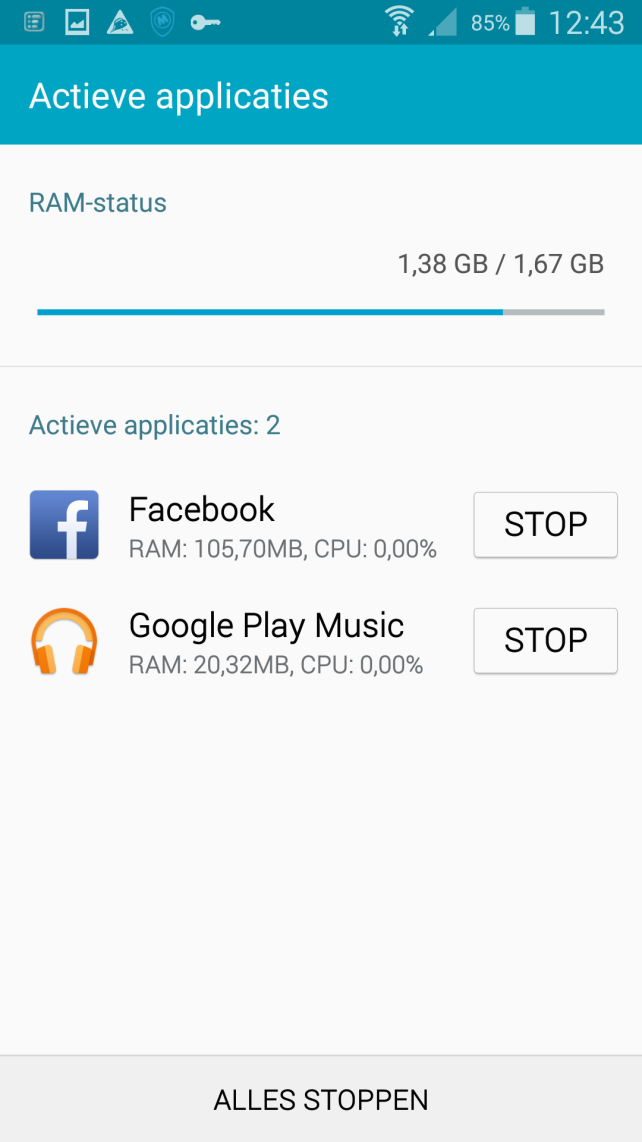 Active Apps uitzetten van de S5 Ram Status, het geheugen gebruik van je S5 Active