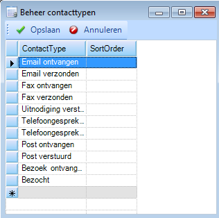 Contacthistorie 53 Om een nieuw contacttype toe te voegen plaatst u de cursor in de lichtgrijze rij (met het * ervoor). U kunt nu een willekeurige naam typen voor het contacttype.