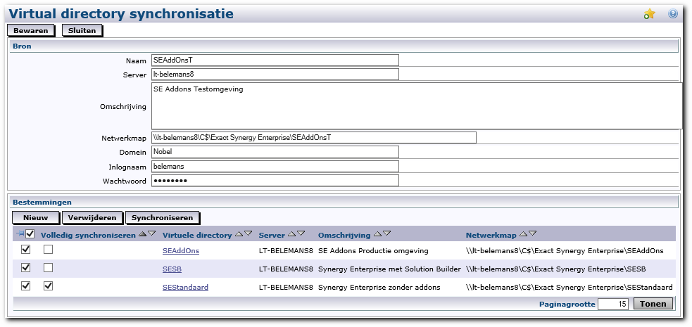 3.10 Virtual directory synchronisatie Wanneer u meerdere servers in gebruik heeft voor Exact Synergy Enterprise, kunt u gebruik maken van de optie Virtual directory synchronisatie om deze omgevingen