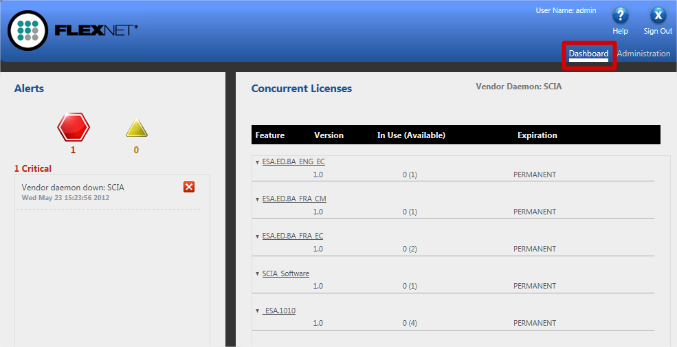 4. Extra opties op de server 4.1 Controle van de status van de licentieserver De status van de Scia License server kan gecontroleerd worden via Dashboard.