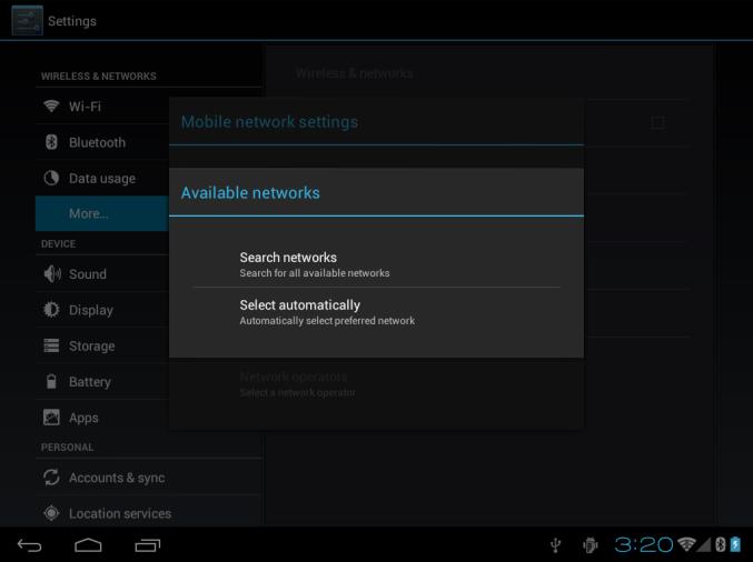 Hier vind u de optie Mobile networks. In dit scherm, zorg ervoor dat de opties Modem power en Data enabled zijn geactiveerd.