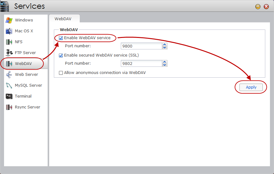 2. Uw NAS configureren 2.1 WebDAV-service inschakelen STAP 1 Selecteer [Services] [WebDAV].