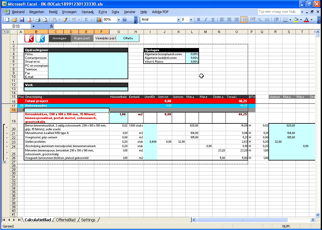 Ga nu terug naar het werkblad CalculatieBlad in Excel. Met de knop kunnen de klaargezette gegevens in de calculatie worden opgenomen.