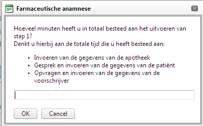 Tijdsbesteding Indien u alle gegevens hebt ingevuld, klik u op volgende om door te gaan naar Stap 2. Ter afsluiting van Stap 1 wordt er gevraagd hoeveel tijd er besteed is.