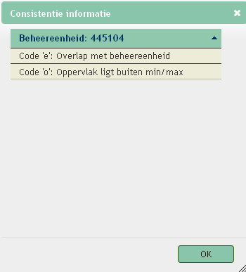 in de kolom ok? van de tabel onder de kaart. Er zijn 11 checks met elke een eigen lettercode voor de geconstateerde afwijking.